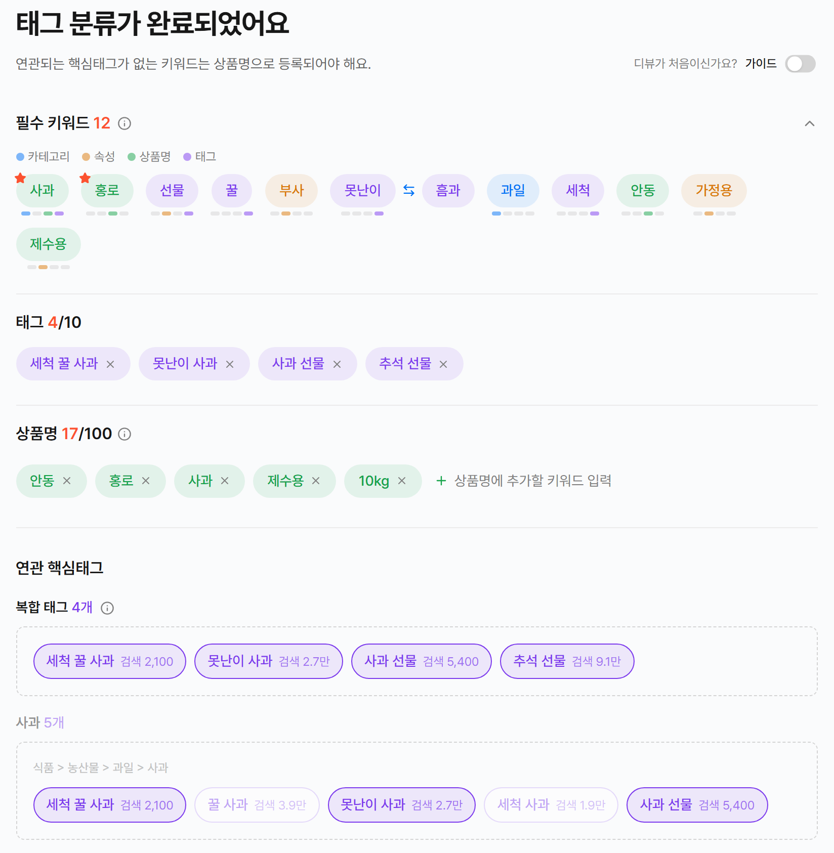3단계 화면. 색 점이 달린 필수 키워드 띠, 담은 태그, 상품명 칸, 복합 태그와 단어별 연관 핵심태그